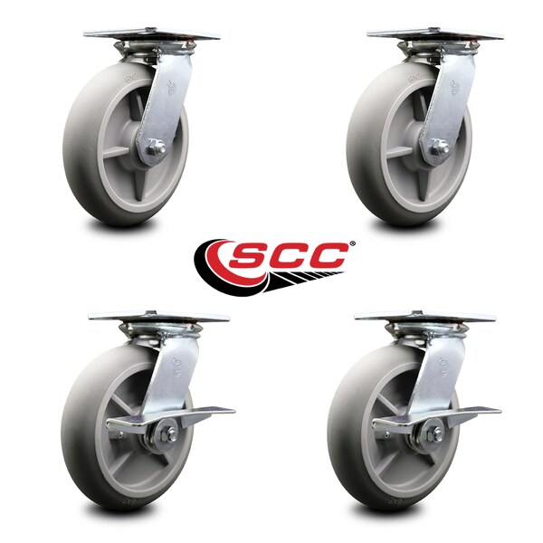8 Inch Thermoplastic Rubber Swivel Caster Set with Ball Bearings 2 Brakes SCC